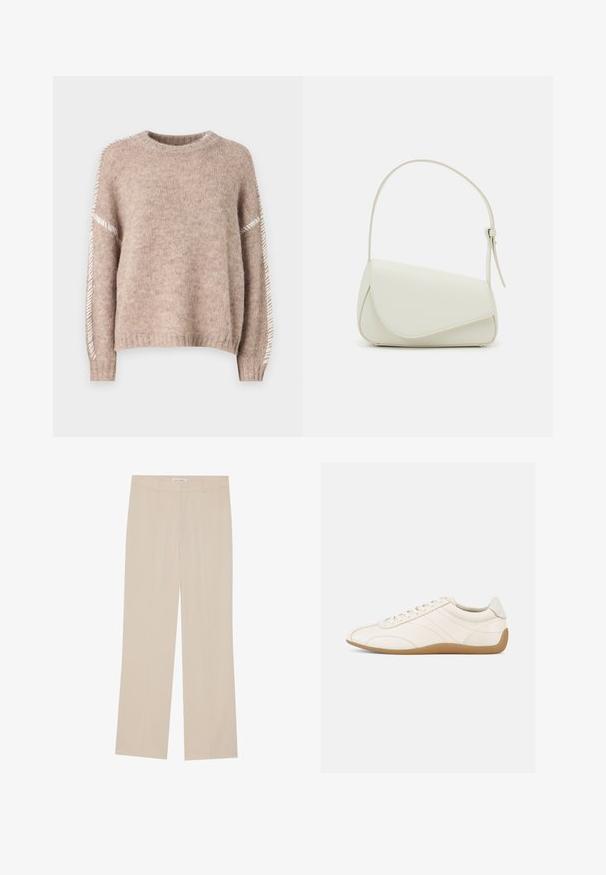JDY Knitted JDYZOEY Knitted - Striktrøje - chateau gray; Beige vide ben bukser med en glat tekstur, der har en skræddersyet pasform, to forlommer og diskrete folder langs benene.; Hvid lædersneaker med en glat tekstur, rund tå og tonale syninger. Har en tanfarvet gummisål og snørebånds-lukning.; Hvid taske i faux læder med en struktureret trekantet form, enkelt justerbart skulderstrop og en flaplås med kurver.