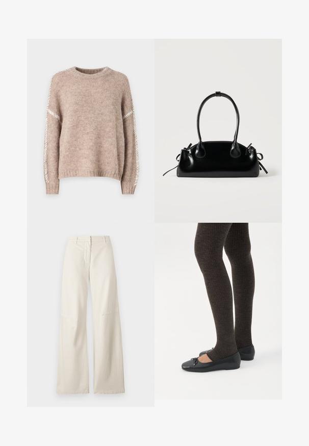 JDY Knitted JDYZOEY Knitted - Striktrøje - chateau gray; Vide benbukser i et cremefarvet bomuldsstof. Har høj talje, struktureret design og minimal syning. Flad front med lommer.; Ben iført mørke ribbede leggings kombineret med sorte balletsko med små sløjfedetaljer på hvid baggrund.; Lille sort blank håndtaske med to lange håndtag og snøre-detaljer i siden på en ensfarvet lys baggrund.