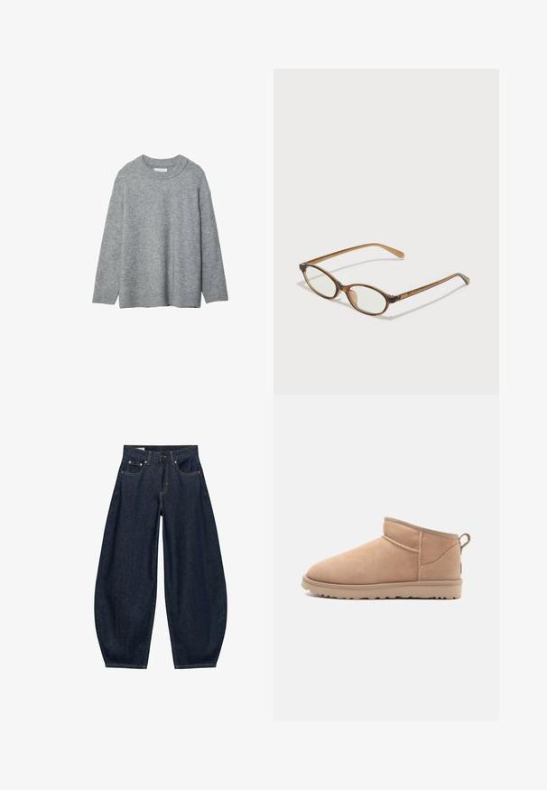 Grå strikket sweater med rund halsudskæring, sænkede skuldre og ribstrikkede manchetter. Blød tekstur og løs pasform. Ingen mønstre eller accenter.; Mørkeblå vidde jeans med frontlommer, bæltestropper og knaplukning i taljen.; Brune ruskindsankelstøvle med en rund tå, blød tekstur, enkelt design og en lavprofil gummisål. Har en trækrem bagpå.; Brune skildpaddemønstrede briller med ovale linser, tynde arme og gennemsigtige accenter. Har et diskret logo på stangen. Slankt, let design.