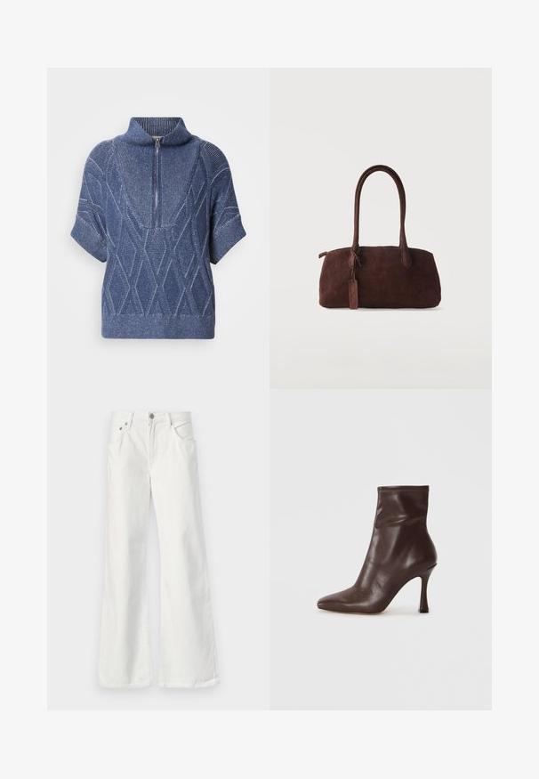 Pull en tricot bleu avec un col haut zippé, des manches courtes et des motifs en losange. Tissu texturé avec des fils clairs contrastants.; Jean flare en denim blanc avec taille haute, design à cinq poches et couture visible. Comprend une fermeture à bouton en métal et un zip.; Bottine en cuir marron avec un bout pointu et un talon stiletto fin. Présente une texture lisse et des détails cousus autour de l'ouverture.; Sac à main en daim marron foncé avec deux longues anses et une petite étiquette attachée, sur un fond clair uni.