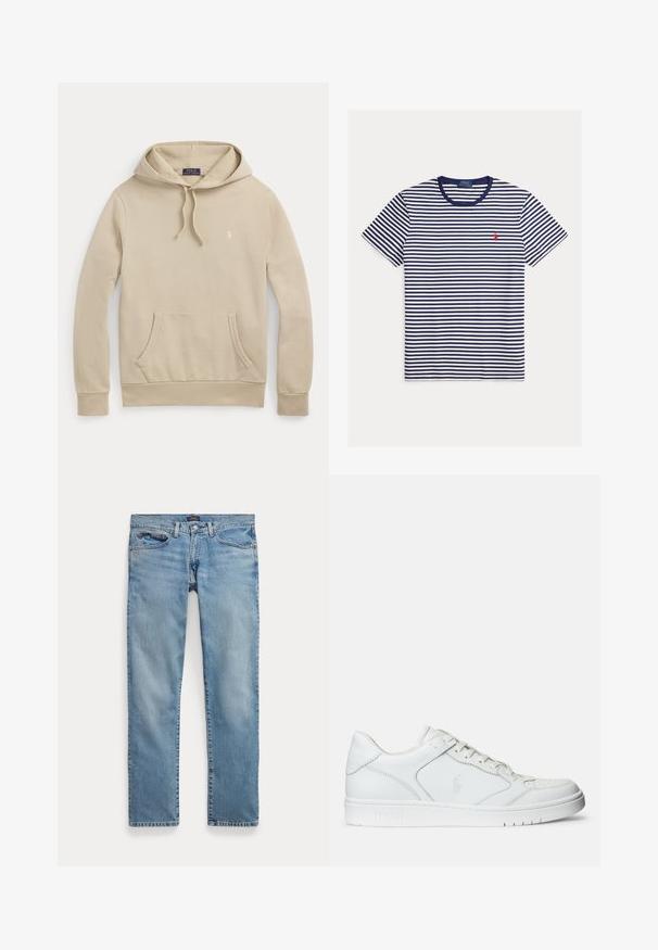 Beige hættetrøje med frontlomme, snøre i hætten, ribkanter og lille broderet logo på brystet.; Mørkeblå og hvid T-shirt med vandrette striber, korte ærmer, rund hals og lille rødt Polo Ralph Lauren-logo på venstre bryst.; Lyseblå jeans med lige ben, forlommer og knaplukning, lagt fladt på en hvid baggrund.; Hvide lædersneakers med en glat tekstur, der har en perforeret tå, snørebåndslukning og broderet logo på siden. Hvid gummisål.