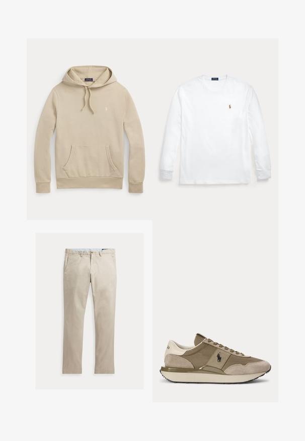 Beige hættetrøje med frontlomme, snøre i hætten, ribkanter og lille broderet logo på brystet.; Hvid langærmet rundhalset skjorte med lille broderet Polo Ralph Lauren-logo på venstre bryst.; Beige bomuldsbukser med lige ben, forlommer, bæltestropper, knaplukning og lynlås, lagt fladt på en hvid baggrund.; Sidevisning af beige og brun sneaker med ruskindsdetaljer og Polo-logo på siden mod en ensfarvet baggrund.