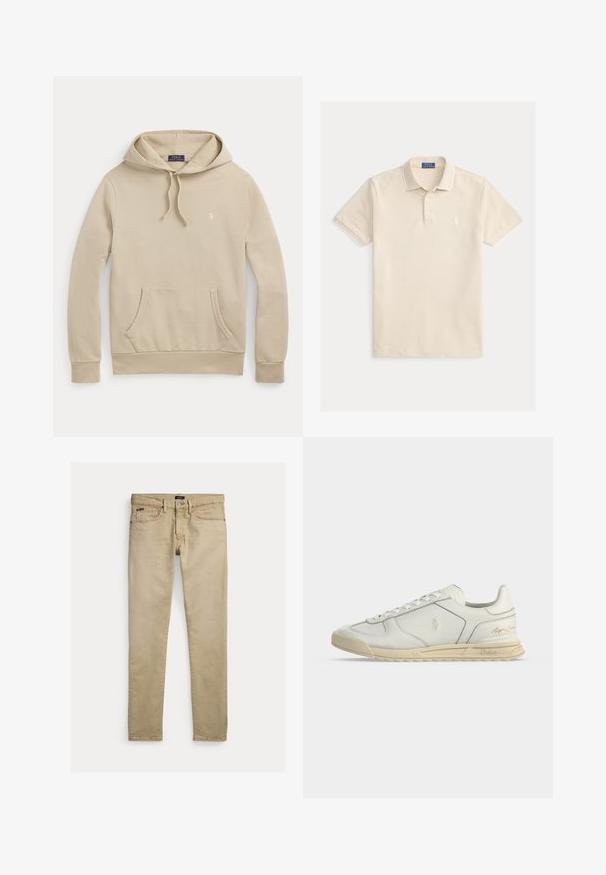 Beige hættetrøje med frontlomme, snøre i hætten, ribkanter og lille broderet logo på brystet.; Beige polo-shirt med diskrete vandrette striber, korte ærmer, ribbet krave og et lille broderet logo på brystet. Blødt bomuldsstof.; Beige slim-fit bukser med forlommer, bæltestropper og knaplukning, lagt fladt på en hvid baggrund.; Hvid lavtop lædersneaker med beige sål, snørebånd foran og Polo Ralph Lauren logoer prægede på siden og hælen.