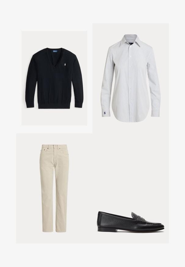 Pull noir à manches longues encolure en V avec poignets et ourlet côtelés, avec un petit logo Polo Ralph Lauren blanc brodé sur le côté gauche de la poitrine.; Chemise blanche à manches longues boutonnée avec fines rayures verticales bleues et un logo bleu brodé sur le poignet gauche.; Pantalon en velours côtelé beige droit avec passants de ceinture, bouton à l'avant, fermeture éclair et poches avant.; Mocassin en cuir texturé noir avec petit talon et détail classique de bride à pièce, présenté de profil sur un fond clair uni.