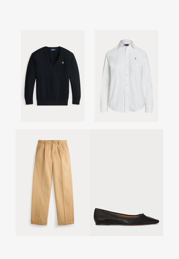 Pull noir à manches longues encolure en V avec poignets et ourlet côtelés, avec un petit logo Polo Ralph Lauren blanc brodé sur le côté gauche de la poitrine.; Chemise blanche à manches longues, boutonnée avec col et petit logo brodé sur la poitrine gauche, présentée sur fond uni.; Pantalon beige à jambes droites avec fermeture par bouton et zip, poches avant, passants pour ceinture et plis marqués le long des jambes.; Ballet flat en cuir noir avec un bout pointu, une silhouette élancée et un petit nœud à l'avant. Texture lisse et design minimal.