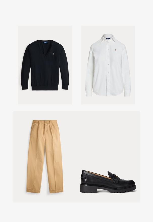 Sort langærmet V-hals sweater med ribkanter ved ærmer og talje, med en lille hvid broderet Polo Ralph Lauren-logo på venstre bryst.; Hvid langærmet skjorte med knapper og krave samt lille broderet logo på venstre bryst, vist på ensfarvet baggrund.; Beige bukser med lige ben, lukning med knap og lynlås, forlommer, bæltestropper og pressede folder ned langs benene.; Sort læderloafer med grov rillede såler, lav hæl og dekorativ rem over fronten.