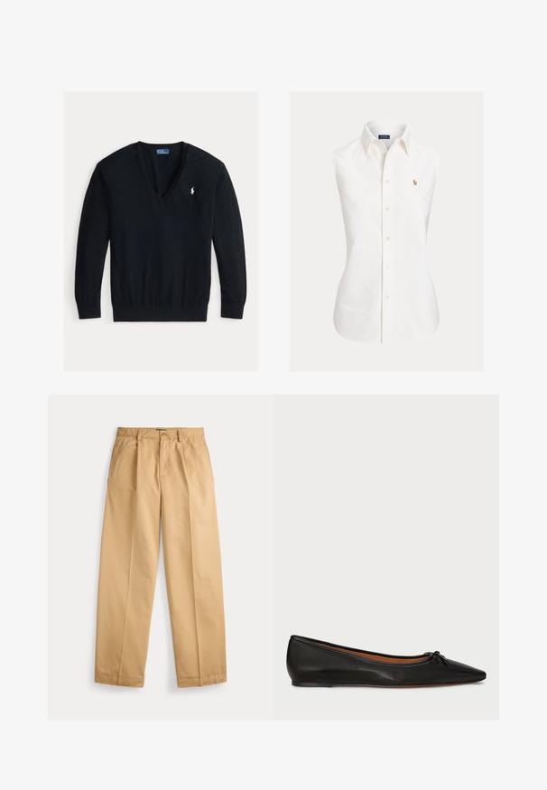 Schwarzer Langarm-V-Ausschnitt-Pullover mit gerippten Bündchen und Saum, mit kleinem weißem besticktem Polo Ralph Lauren Logo auf der linken Brust.; Weißes ärmelloses Hemd aus Baumwolle, mit spitzem Kragen, Knopfleiste vorne und kleinem gesticktem Logo auf der linken Seite.; Beige gerade geschnittene Hose mit Knopf- und Reißverschluss, Fronttaschen, Gürtelschlaufen und gebügelten Bügelfalten an den Beinen.; Schwarze Leder-Ballerinas mit spitzem Zeh, schlanker Silhouette und einem kleinen Schleifendetail an der Vorderseite. Glatte Textur und minimalistisches Design.