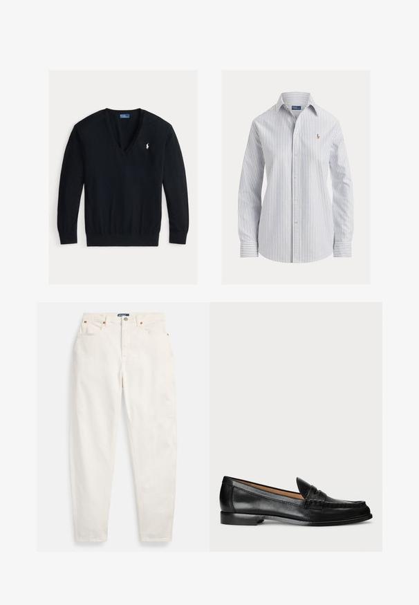 Sort langærmet V-hals sweater med ribkanter ved ærmer og talje, med en lille hvid broderet Polo Ralph Lauren-logo på venstre bryst.; Hvid skjorte med tynde, lodrette blå striber, lange ærmer, spids krave og lille broderet logo på brystet.; Hvide høj-taljede jeans med lige ben, foran knap og lynlås, fem-lommer design og Polo mærkeetiket på linningen.; Lauren Ralph Lauren WYNNIE - Loafers - black