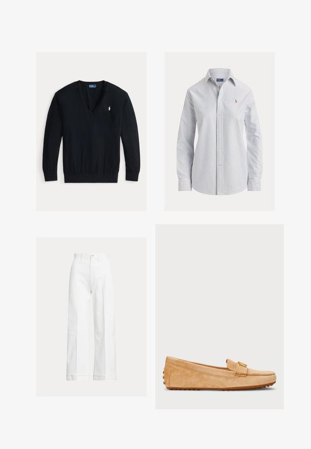 Schwarzer Langarm-V-Ausschnitt-Pullover mit gerippten Bündchen und Saum, mit kleinem weißem besticktem Polo Ralph Lauren Logo auf der linken Brust.; Weißes Hemd mit dünnen vertikalen blauen Streifen, langen Ärmeln, spitzem Kragen und kleinem besticktem Logo auf der Brust.; Weiße, weit geschnittene Baumwollhose mit hoher Taille, Knopfverschluss und dezenten Bügelfalten vorne.; Helle Wildlederloafer mit abgerundetem Zeh, ausgestattet mit einem goldfarbenen Akzentriemen und einer gummierten, nagelgestützten Sohle für besseren Halt. Glatte Textur.