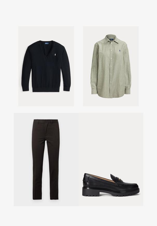 Schwarzer Langarm-V-Ausschnitt-Pullover mit gerippten Bündchen und Saum, mit kleinem weißem besticktem Polo Ralph Lauren Logo auf der linken Brust.; Grün-weiß gestreiftes Hemd mit Knopfleiste, Baumwollstoff, lange Ärmel, klassischer Kragen, mit Logo in Marineblau auf der linken Brust, schlichte Manschetten.; Schwarze, gerade geschnittene Hose aus einem glatten Baumwollmischgewebe; mit vorderem Knopf, Reißverschluss und zwei seitlichen Taschen. Sauberes, minimalistisches Design.; Schwarzer Lederloafer mit grober profillierter Sohle, niedrigem Absatz und dekorativem Riemen über dem Vorderfuß.
