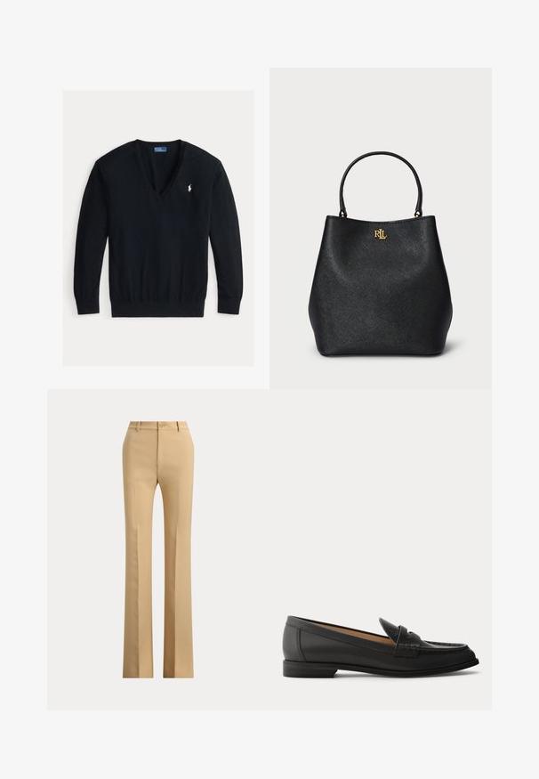 Schwarzer Langarm-V-Ausschnitt-Pullover mit gerippten Bündchen und Saum, mit kleinem weißem besticktem Polo Ralph Lauren Logo auf der linken Brust.; Beige gerade geschnittene, maßgeschneiderte Hose mit vorderen Taschen, Gürtelschlaufen und einer Knopfleiste in der Taille.; Schwarzer Damen-Loafer aus Leder mit niedrigem Absatz, abgerundeter Spitze und genähten Details am Obermaterial, von der Seite auf einfarbigem Hintergrund gezeigt.; Schwarze Handtasche aus Kunstleder mit strukturierter Oberfläche, geschwungener Form und goldfarbenem Logo auf der Vorderseite. Verfügt über zwei stabile Griffe.
