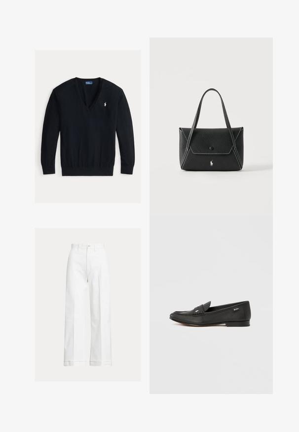 Schwarzer Langarm-V-Ausschnitt-Pullover mit gerippten Bündchen und Saum, mit kleinem weißem besticktem Polo Ralph Lauren Logo auf der linken Brust.; Weiße, weit geschnittene Baumwollhose mit hoher Taille, Knopfverschluss und dezenten Bügelfalten vorne.; Schwarzer Lederloafer mit strukturierter Oberfläche, Penny-Halter-Detail, schlanker Silhouette, dezentem Branding an der Seite und niedrigem, flachem Absatz.; Schwarze Lederhandtasche mit zwei Griffen, Frontklappe mit Knopfverschluss, weißen Nähten und kleinem Pferdelogo auf schlichtem Hintergrund.