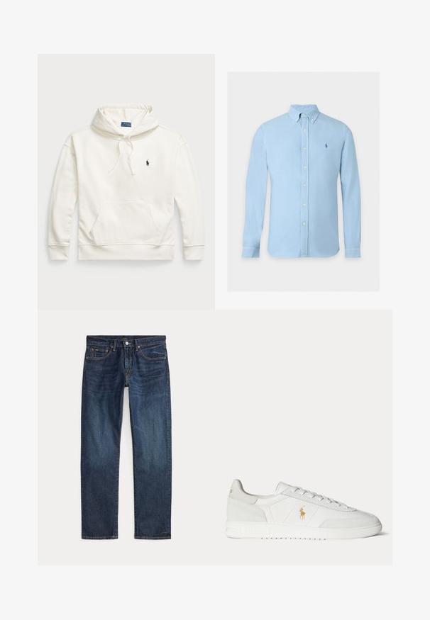 Hvid bomulds hoodie med en frontlomme, snoretræk i hætten og et lille broderet logo på brystet. Ribbenede manchetter og kant.; Lyseblå skjorte med lange ærmer, knapper foran, knaplukket krave og lille broderet logo på venstre bryst.; Mørkeblå straight-leg denimjeans med forlommer, bæltestropper og metal knappelukning på ensfarvet baggrund.; Hvid lavtop sneaker med snøredesign, guldfarvet Polo Ralph Lauren-logo på siden og tekstureret sål på en ensfarvet baggrund.