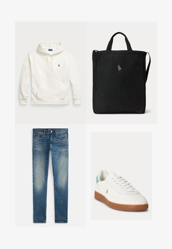 Weißer Baumwoll-Hoodie mit einer Fronttasche, Kapuze mit Kordelzug und einem kleinen gestickten Logo auf der Brust. Rippbündchen an den Ärmeln und am Saum.; Blaue, verwaschene Slim-Fit-Jeans mit Knopf- und Reißverschluss, vorne mit Haupt- und kleinem Münztaschen, flach auf weißem Hintergrund liegend dargestellt.; Weißer Schnürsneaker mit brauner Gummisohle, grünem Fersenlasche und kleinem goldfarbenem Polo-Spieler-Logo an der Außenseite.; Schwarze rechteckige Tote-Tasche mit kurzen Griffen, einem langen Schulterriemen an der Seite und einem kleinen bestickten Polo-Spieler-Logo in der vorderen Mitte.