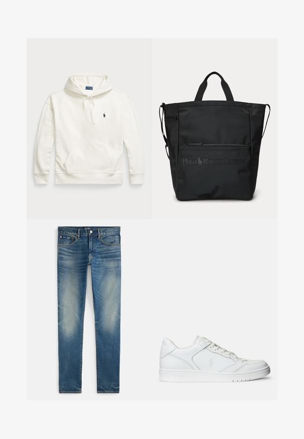Hvid bomulds hoodie med en frontlomme, snoretræk i hætten og et lille broderet logo på brystet. Ribbenede manchetter og kant.; Blå falmede smalle jeans med knappelukning og lynlås, forlommer og lille møntlomme, vist fladt på hvid baggrund.; Hvide lædersneakers med en glat tekstur, der har en perforeret tå, snørebåndslukning og broderet logo på siden. Hvid gummisål.; Sort tote-taske med korte håndtag, lomme med lynlås foran og præget Polo Ralph Lauren-logo.