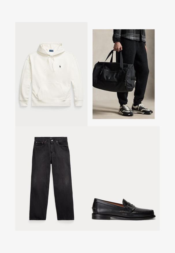 Weißer Baumwoll-Hoodie mit einer Fronttasche, Kapuze mit Kordelzug und einem kleinen gestickten Logo auf der Brust. Rippbündchen an den Ärmeln und am Saum.; Schwarze Jeans mit geradem Bein, fünf Taschen, Knopfverschluss und sichtbaren Metallnieten an den vorderen Taschen.; Schwarzer Lederloafer mit niedrigem Absatz und Pennyriemendetail, von der Seite auf hellgrauem Hintergrund gezeigt.; Person, die eine schwarze Sporttasche hält, schwarze Hose, eine graue karierte Jacke und schwarz-weiße Sneaker trägt.