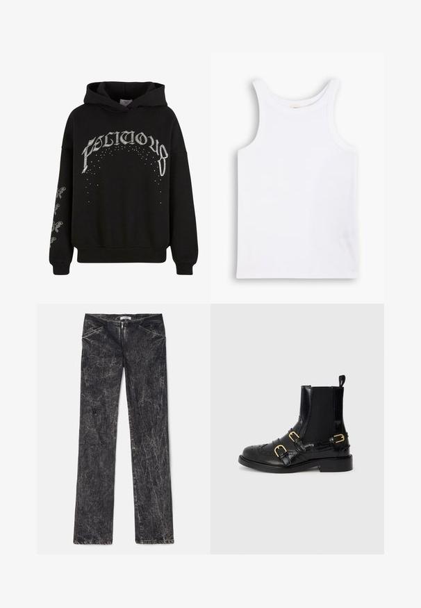 Zwarte hooded sweatshirt van zachte stof, met witte bedrukte tekst en patronen, en accentdetails op de mouwen.; Witte katoenen tanktop met brede schouderbanden, een ronde halslijn en een gladde, geribbelde textuur. Geen patronen of accenten aanwezig.; Zwarte denimbroek met een versleten textuur, voorzien van zijzakken, een rits en een rechte pasvorm.; Zwarte leren enkellaarsjes met brogue-details, dubbele gouden gespen, elastische zijpanelen en een gestructureerde zool. Voorzien van een trekkoord aan de achterkant.