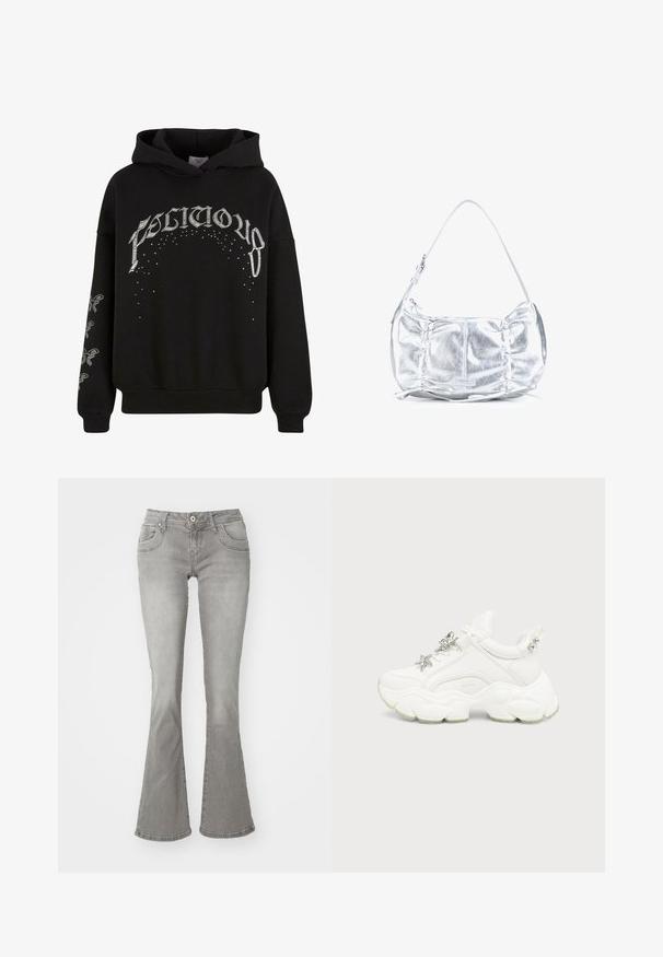 Zwarte hooded sweatshirt van zachte stof, met witte bedrukte tekst en patronen, en accentdetails op de mouwen.; Grijze flared jeans met een middelhoge taille, voorkzakken en een knoopsluiting, gemaakt van denim stof met een gladde structuur.; Witte chunky sneaker met dikke, getextureerde zool, zilveren ster en vlinderdecoraties op witte veters, en zilveren studs op de hieltab.; Metalen zilveren schoudertas met geplooide details, verstelbare riem en ritssluiting aan de bovenkant.