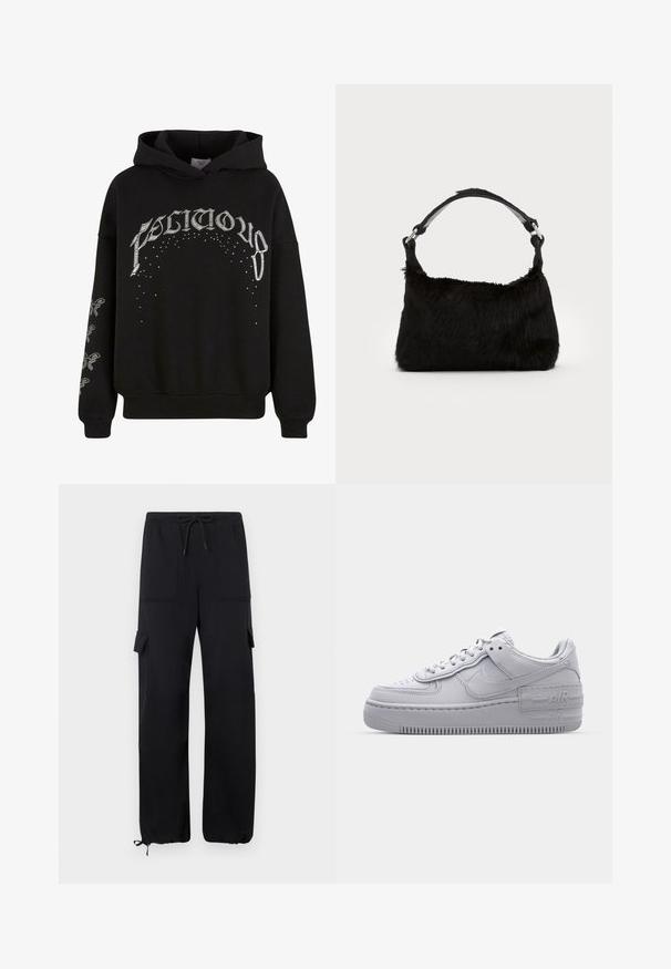 Sweat à capuche noir en tissu doux, arborant des textes et motifs imprimés en blanc, avec des détails accentués sur les manches.; Pantalons cargo noirs en tissu doux, dotés d'une taille à cordon de serrage, de deux poches avant et de poignets élastiqués aux chevilles.; Basket en cuir lisse gris Nike Air Force 1 avec un bout perforé, une semelle épaisse et un détail 'AIR' en relief sur le talon.; Sac à main en fausse fourrure noire avec une texture douce, une forme arrondie et une bandoulière en cuir noir robuste. Accent en métal argenté visible.