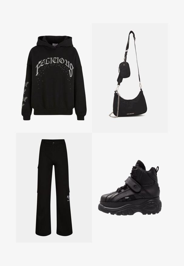 Zwarte hooded sweatshirt van zachte stof, met witte bedrukte tekst en patronen, en accentdetails op de mouwen.; Zwarte cargo pants met een losse pasvorm, gemaakt van duurzaam materiaal. Bevat zijzakken en witte logo-details op het been.; Zwarte hoge sneakers met een dikke rubberen zool, leren bovenwerk, veters en klittenbandsluitingen, en gedetailleerde zijkanten met textuur.; Zwarte nylon schoudertas met een gebogen vorm, zilveren kettingaccent, afneembaar mini-zakje en verstelbare schouderband; voorzien van het "Steve Madden" logo.
