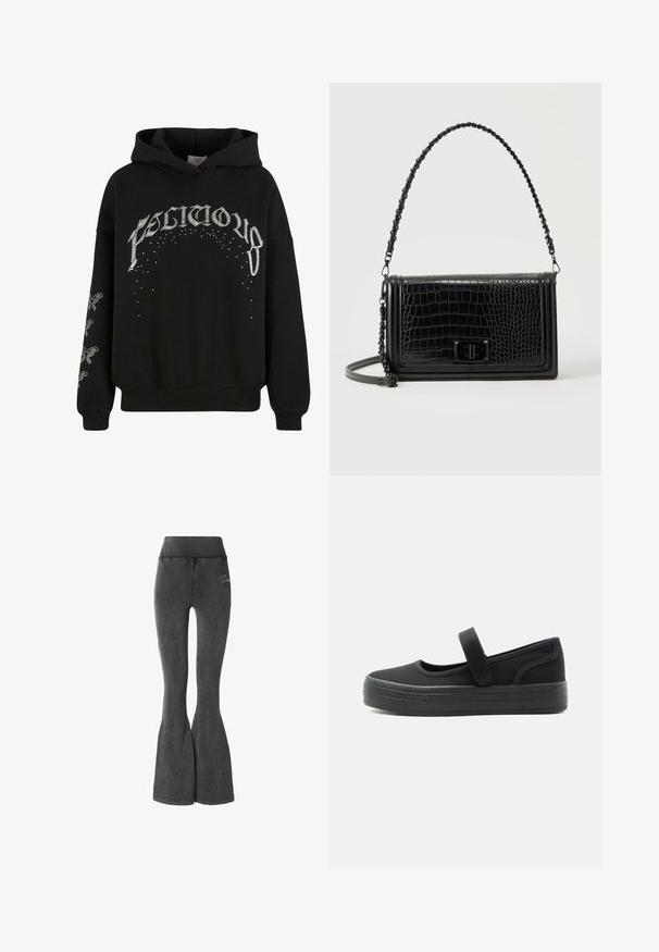 Zwarte hooded sweatshirt van zachte stof, met witte bedrukte tekst en patronen, en accentdetails op de mouwen.; Grijze uitlopende leggings gemaakt van zachte stof, met een hoge tailleband en een subtiel logodetail aan de voorkant. Gladde textuur met een aansluitend ontwerp.; Zwarte Mary Jane-schoen met dikke rubberen zool en verstelbare klittenbandsluiting, ontworpen voor informeel gebruik met een afgeronde neus.; Zwarte lederen schoudertas met krokodillenstructuur, rechthoekige vorm, riem met kettingaccent en een draaiknopsluiting aan de voorkant.