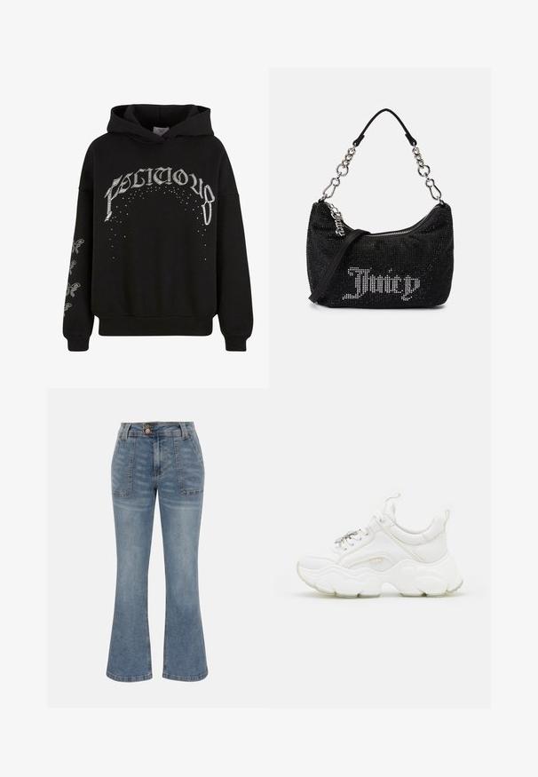 Zwarte hooded sweatshirt van zachte stof, met witte bedrukte tekst en patronen, en accentdetails op de mouwen.; Blauwe denim jeans met hoge taille, voorzakken met patch, knoop- en ritssluiting en een licht uitlopende broekspijpsilhouet.; Witte chunky sneakers van leer en mesh-materialen, met een dikke zool, ronde neus en decoratieve veters. Licht gemêleerde accenten.; Zwarte tas met rhinestone versieringen, een gebogen vorm en een zilveren kettinghandvat. Voorzien van een rits en het "Juicy" logo in het wit.