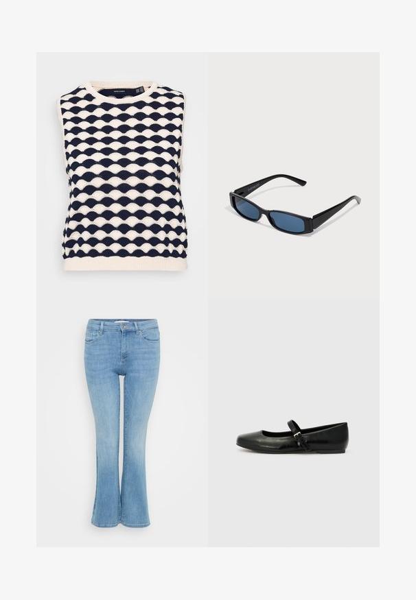 Pull-over sans manches en tricot bleu marine et crème avec un motif ondulé texturé. Encolure ronde et ourlet côtelé. Fabriqué en tissu tricoté doux.; ONLY Petite ONLANN MID - Jean flare - light blue denim; Ballerines en cuir noir avec un bout arrondi, une semelle plate et une fine sangle ajustable sur le cou-de-pied avec une boucle en métal.; Lunettes de soleil noires avec une monture rectangulaire élégante et des verres bleus. Présente une texture lisse et des branches robustes. Logo de la marque sur le côté.