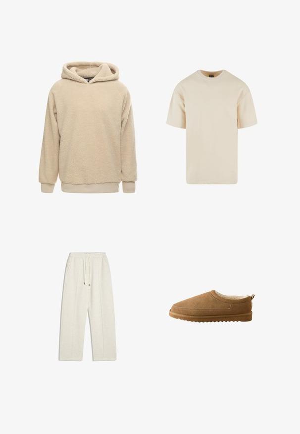 Beige Fleece-Hoodie mit strukturiertem Oberflächen, großem Kapuze und gerippten Bündchen und Saum. Bietet eine lockere Passform und lange Ärmel.; Beige Baumwoll-T-Shirt mit Rundhalsausschnitt, kurzen Ärmeln und geradem Schnitt. Glatte Textur und keine sichtbaren Muster oder Akzente.; Hellbeige, weite Sweatpants aus weichem Material. Mit elastischem Bund und Kordelzug sowie seitlichen Taschen für praktischen Nutzen.; Hellbraune Wildleder-Hausschuhe zum Hineinschlüpfen mit weichem cremefarbenem Innenfutter und strukturiertem Gummisohle, von der Seite auf einem weißen Hintergrund betrachtet.