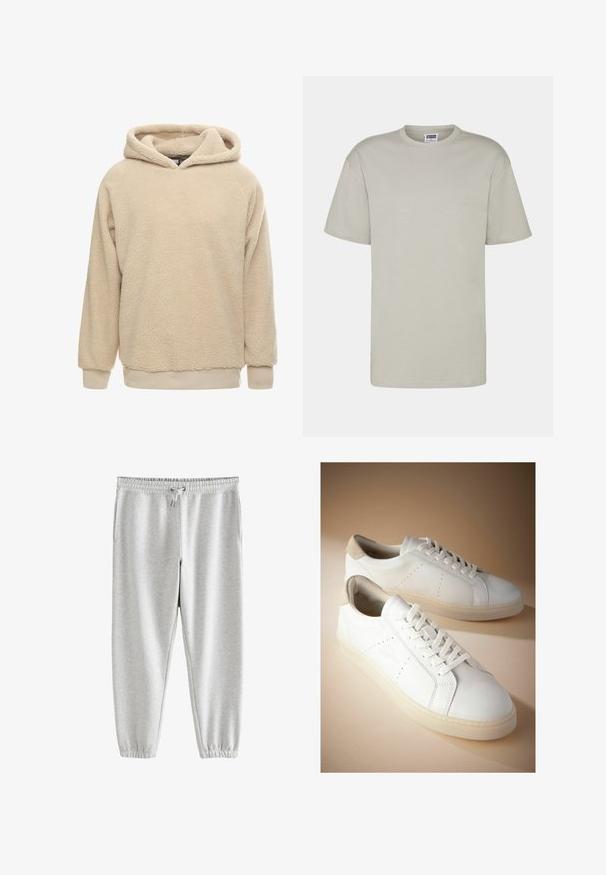 Beige fleece hoodie met een gestructureerde oppervlakte, grote capuchon en geribde manchetten en zoom. Heeft een losse pasvorm en lange mouwen.; Lichtgrijze katoenen T-shirt met korte mouwen, ronde hals en een comfortabele pasvorm. Geen zichtbare patronen of ontwerpen. Platte naden en standaard lengte.; Next Trainingsbroek - grey; Witte leren sneakers met een gestructureerde, beige suède hieltab. Voorzien van een vetersluiting, minimale perforaties en een dikke, transparante zool.