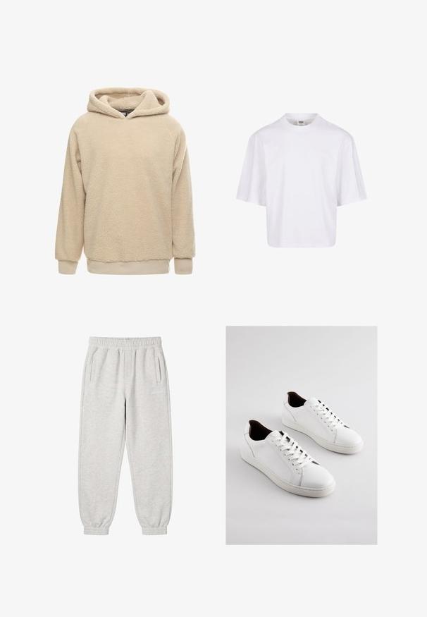 Beige fleece hoodie med en tekstureret overflade, stor hætte og ribbede manchetter og kant. Har en afslappet pasform og lange ærmer.; Hvid t-shirt med korte ærmer, der har en rund halsudskæring og en afslappet pasform, lavet af et glat bomuldsblandingsstof. Ingen mønstre eller udsmykninger.; Lysegrå joggingbukser med elastisk talje og manchetter, to sidelommer og et lille hvidt logo på højre lår.; Hvide lædersneakers med lav profil, perforerede sider, flade snørebånd og en kontrasterende brun indvendig foring. Gummisål med tekstureret mønster.