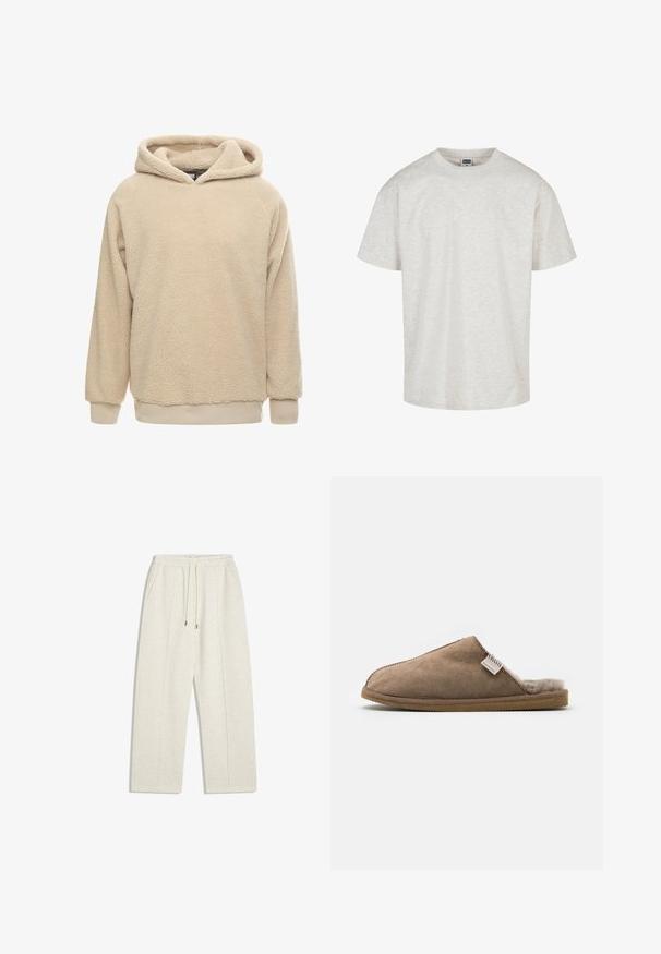 Beige Fleece-Hoodie mit strukturiertem Oberflächen, großem Kapuze und gerippten Bündchen und Saum. Bietet eine lockere Passform und lange Ärmel.; Helles graues Baumwoll-T-Shirt mit kurzen Ärmeln, einem Rundhalsausschnitt und einer lässigen Passform. Texturiertes Gewebe mit einem dezenten melierten Muster.; Hellbeige, weite Sweatpants aus weichem Material. Mit elastischem Bund und Kordelzug sowie seitlichen Taschen für praktischen Nutzen.; Brauner Wildlederschuh mit einem weichen, cremefarbenen Fellfutter. Verfügt über ein abgerundetes, offenes Design und eine strukturierten Gummisohle.
