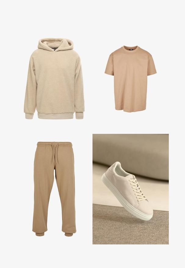 Beige Fleece-Hoodie mit strukturiertem Oberflächen, großem Kapuze und gerippten Bündchen und Saum. Bietet eine lockere Passform und lange Ärmel.; Beige Baumwoll-T-Shirt mit Rundhalsausschnitt, kurzen Ärmeln und lockerer Passform; zeichnet sich durch eine glatte Textur und ein minimales Design aus.; Beige Jogginghose aus weichem Baumwollmix, mit elastischem Bund und Kordelzug sowie elastischen Bündchen an den Knöcheln.; Beige Wildleder-Sneaker mit weißer Sohle und Schnürsenkeln, die über einem strukturierten beigen Teppich vor einem sanften beigen Hintergrund schwebt.