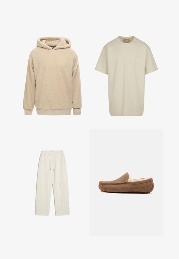 Beige fleece hoodie met een gestructureerde oppervlakte, grote capuchon en geribde manchetten en zoom. Heeft een losse pasvorm en lange mouwen.; Lichtbeige katoenen T-shirt met korte mouwen, een ronde hals en een losse pasvorm. De stof oogt glad zonder zichtbare patronen of accenten.; Lichtbeige, wijde sweatpants gemaakt van zachte stof. Beschikt over een elastische tailleband met trekkoord en zijzakken voor functionaliteit.; Bruine suède mocassinslof met witte fleecevoering en rubberen zool, gezien van opzij tegen een effen achtergrond.