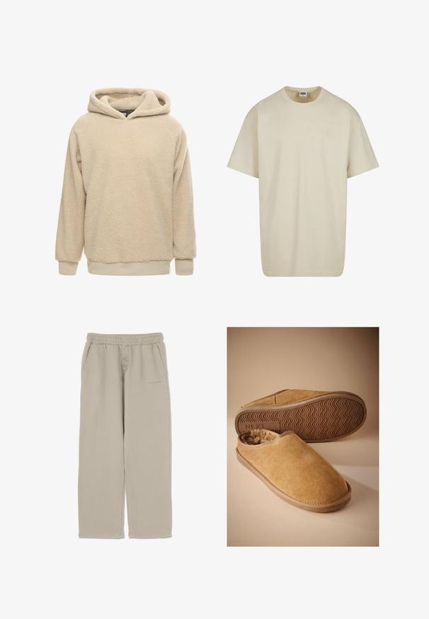 Beige fleece hoodie met een gestructureerde oppervlakte, grote capuchon en geribde manchetten en zoom. Heeft een losse pasvorm en lange mouwen.; Lichtbeige katoenen T-shirt met korte mouwen, een ronde hals en een losse pasvorm. De stof oogt glad zonder zichtbare patronen of accenten.; Pegador Trainingsbroek - vintage rock grey; Bruine suède instapslippers met een zachte fleece voering en een geribbelde rubberen zool, één slipper toont de zool met het "NEXT" logo.