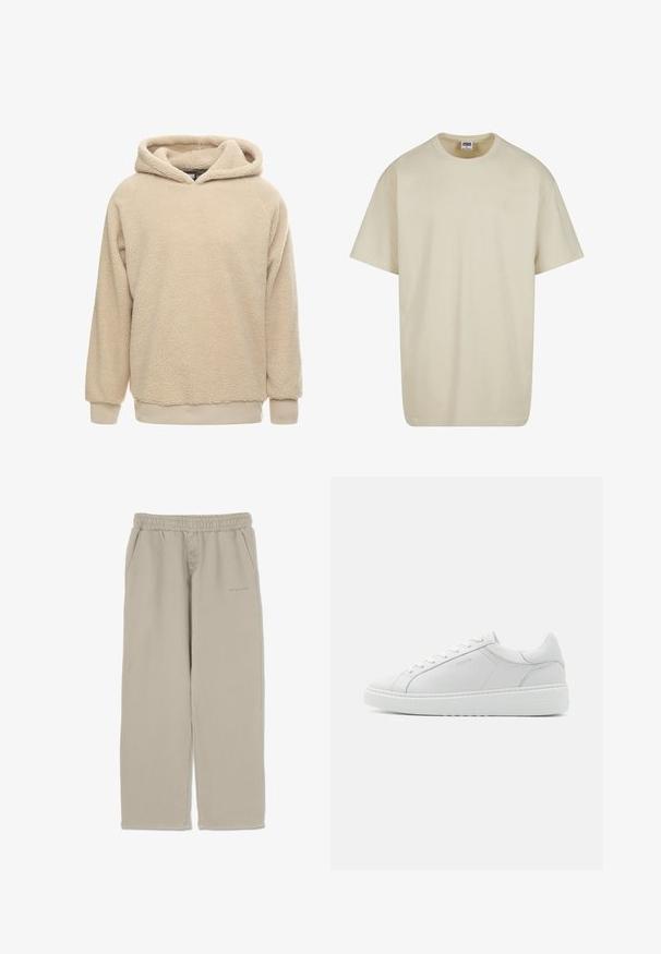 Beige fleece hoodie med en tekstureret overflade, stor hætte og ribbede manchetter og kant. Har en afslappet pasform og lange ærmer.; Lysebeige bomulds-T-shirt med korte ærmer, rund halsudskæring og løs pasform. Stoffet fremstår glat uden synlige mønstre eller accenter.; Pegador Træningsbukser - vintage rock grey; Hvide lædersneakers med en glat tekstur, rund tå, lav profil og diskret branding på siden. Polstret krave og snørebånd.