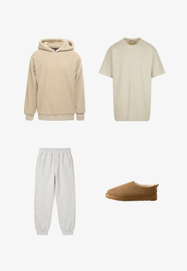 Beige fleece hoodie med en tekstureret overflade, stor hætte og ribbede manchetter og kant. Har en afslappet pasform og lange ærmer.; Lysebeige bomulds-T-shirt med korte ærmer, rund halsudskæring og løs pasform. Stoffet fremstår glat uden synlige mønstre eller accenter.; Lysegrå joggingbukser med elastisk talje og manchetter, to sidelommer og et lille hvidt logo på højre lår.; Brune ruskinds slip-ons med blød cremefarvet inderside og tekstureret gummisål, set fra siden på en hvid baggrund.