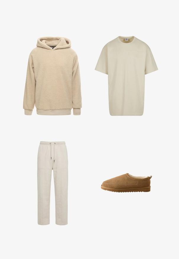 Beige fleece hoodie med en tekstureret overflade, stor hætte og ribbede manchetter og kant. Har en afslappet pasform og lange ærmer.; Lysebeige bomulds-T-shirt med korte ærmer, rund halsudskæring og løs pasform. Stoffet fremstår glat uden synlige mønstre eller accenter.; Beige sweatpants med elastisk talje, frontsaumsdetaljer og snorelukning, med lige ben i blødt materiale.; Brune ruskinds slip-ons med blød cremefarvet inderside og tekstureret gummisål, set fra siden på en hvid baggrund.