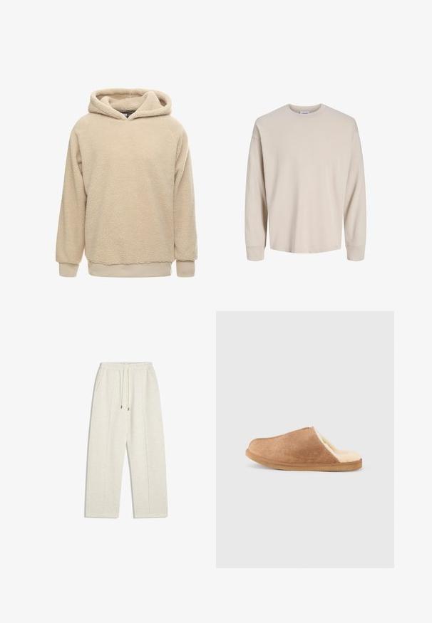 Beige fleece hoodie med en tekstureret overflade, stor hætte og ribbede manchetter og kant. Har en afslappet pasform og lange ærmer.; Langærmet, rundhalset trøje i lysebeige bomuld. Glat tekstur med ribstrikkede manchetter og en afslappet pasform. Ingen synlige logoer eller mønstre.; Lys beige, vide sweatpants lavet af blødt materiale. Har en elastisk talje med snor og sidelommer for funktionalitet.; Brun ruskind slip-on hjemmesko med cremefarvet blødt fleecefor og gummisål, vist i sideprofil på hvid baggrund.