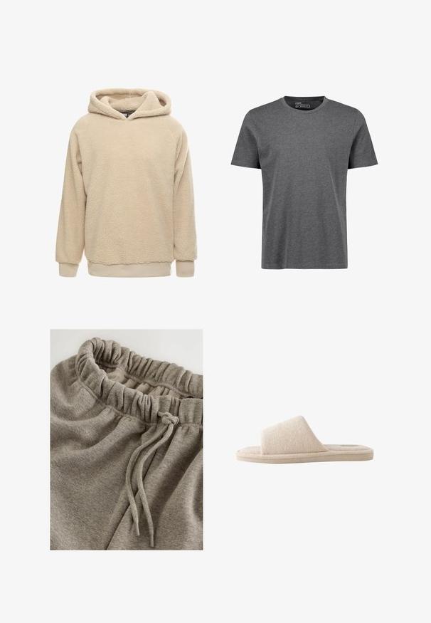 Beige fleece hoodie med en tekstureret overflade, stor hætte og ribbede manchetter og kant. Har en afslappet pasform og lange ærmer.; Grå, regular-fit T-shirt med korte ærmer lavet af blødt stof. Har en rund halsudskæring og skuldersøm med minimal syning.; Grå bomulds joggingbukser med elastisk talje og rynket tekstur samt snøre til justering. Glat, blødt stof.; Beige blød tekstil åben tå slide tøfler med tyk sål og bred rem over toppen til indendørs brug.