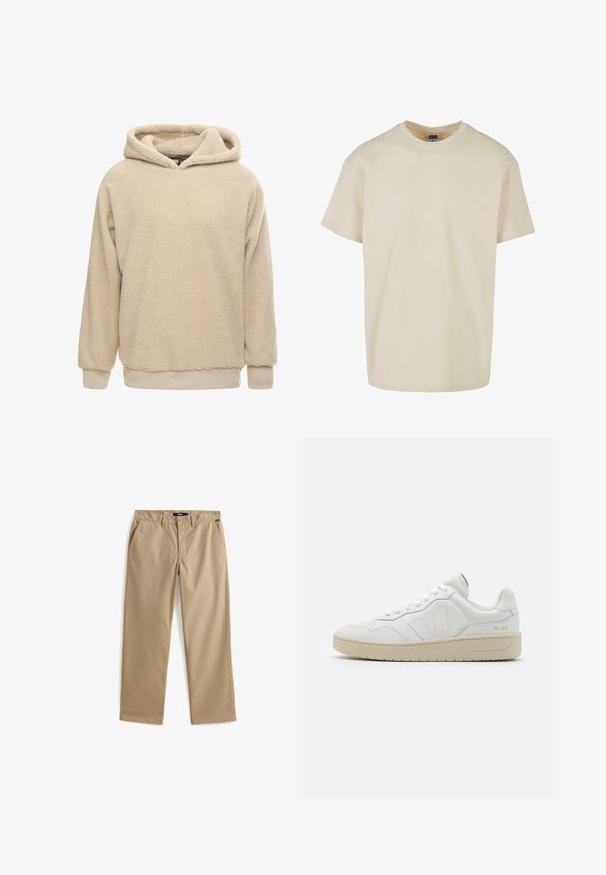 Beige Fleece-Hoodie mit strukturiertem Oberflächen, großem Kapuze und gerippten Bündchen und Saum. Bietet eine lockere Passform und lange Ärmel.; T-Shirt mit kurzen Ärmeln und Rundhalsausschnitt aus hellem beigen Baumwollstoff. Klassische Passform mit geradem Saum und ohne grafische Designs oder Akzente.; Beige gerade Hose mit Knopf- und Reißverschluss, Gürtelschlaufen und Seitentaschen, flach auf weißem Hintergrund liegend.; Weiße Leder-Sneaker mit strukturierter Oberfläche und gepolstertem Kragen. Sie verfügen über eine beigen Gummisohle und dezente Markenkennzeichnung an der Ferse und an der Seite.