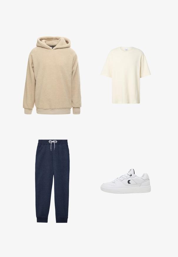 Beige fleece hoodie med en tekstureret overflade, stor hætte og ribbede manchetter og kant. Har en afslappet pasform og lange ærmer.; Kremfarvet kortærmet strikket top med rund hals, afslappet pasform og subtilt prægede logo på brystet.; Marineblå sweatpants lavet af blød stof, med en elastisk talje med snor, sidelommer og tætsiddende manchetter.; Hvid lavtop sneaker med snørelukning foran, sort logo på siden og tyk sål, vist mod en ren hvid baggrund.