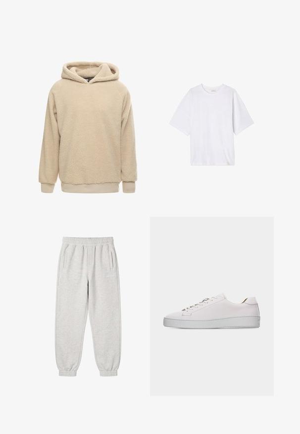 Beige fleece hoodie med en tekstureret overflade, stor hætte og ribbede manchetter og kant. Har en afslappet pasform og lange ærmer.; Hvid kortærmet t-shirt lavet af blødt stof. Har en rund halsudskæring og en afslappet pasform med en lige kant. Ingen mønstre eller hardware.; Lysegrå joggingbukser med elastisk talje og manchetter, to sidelommer og et lille hvidt logo på højre lår.; Hvid lædersneaker med lavt snit, hvide snørebånd, flad, tekstureret gummisål og minimal syning, vist fra ydersiden på en hvid baggrund.