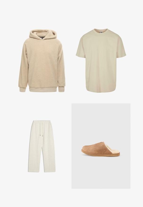 Beige fleece hoodie met een gestructureerde oppervlakte, grote capuchon en geribde manchetten en zoom. Heeft een losse pasvorm en lange mouwen.; Korte mouwen t-shirt in lichtbeige katoen met een ronde hals, voorzien van een relaxte pasvorm en een zachte textuur, zonder zichtbare patronen of accenten.; Lichtbeige, wijde sweatpants gemaakt van zachte stof. Beschikt over een elastische tailleband met trekkoord en zijzakken voor functionaliteit.; Bruine suède instap pantoffel met crèmekleurige zachte fleece voering en rubberen zool, zijaanzicht tegen een witte achtergrond.