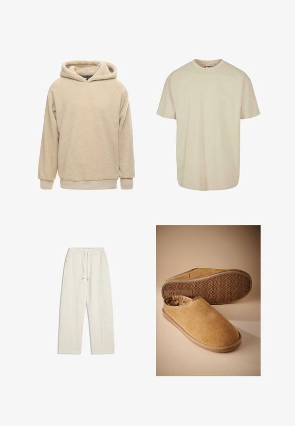 Beige fleece hoodie met een gestructureerde oppervlakte, grote capuchon en geribde manchetten en zoom. Heeft een losse pasvorm en lange mouwen.; Korte mouwen t-shirt in lichtbeige katoen met een ronde hals, voorzien van een relaxte pasvorm en een zachte textuur, zonder zichtbare patronen of accenten.; Lichtbeige, wijde sweatpants gemaakt van zachte stof. Beschikt over een elastische tailleband met trekkoord en zijzakken voor functionaliteit.; Bruine suède instapslippers met een zachte fleece voering en een geribbelde rubberen zool, één slipper toont de zool met het "NEXT" logo.