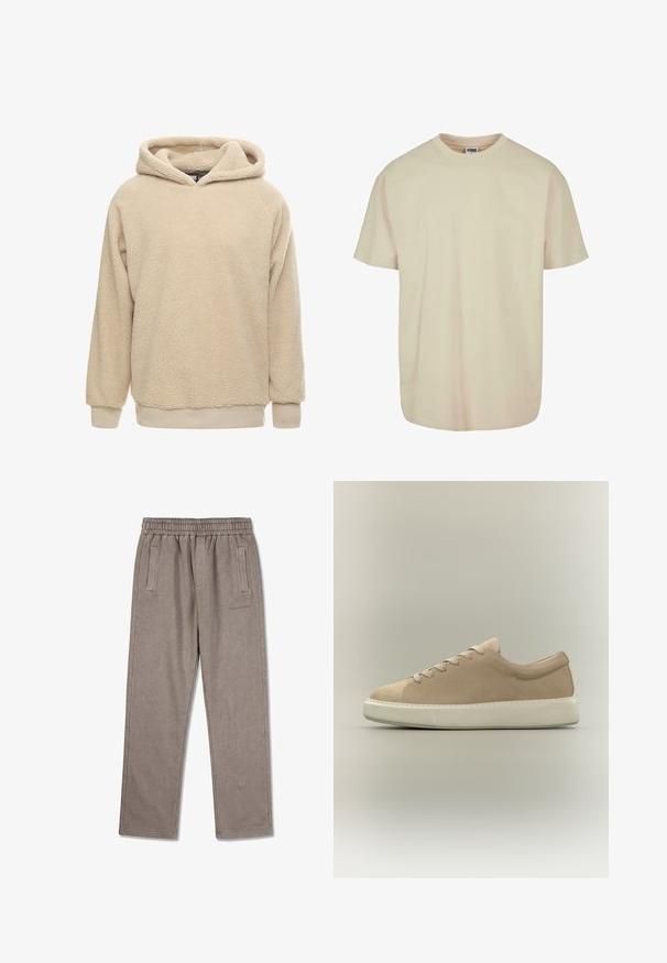 Beige fleece hoodie med en tekstureret overflade, stor hætte og ribbede manchetter og kant. Har en afslappet pasform og lange ærmer.; Kortærmet t-shirt i lys beige bomuld med rund halsudskæring, med en afslappet pasform og glat tekstur, ingen synlige mønstre eller detaljer.; Lysebrune joggingbukser i ruskind med elastisk talje, sidelommer, lige ben og lille "PEGADOR" logo på højre lår.; Beige ruskind lavtop sneaker med snørelukning foran og tyk hvid gummisål på neutral baggrund.
