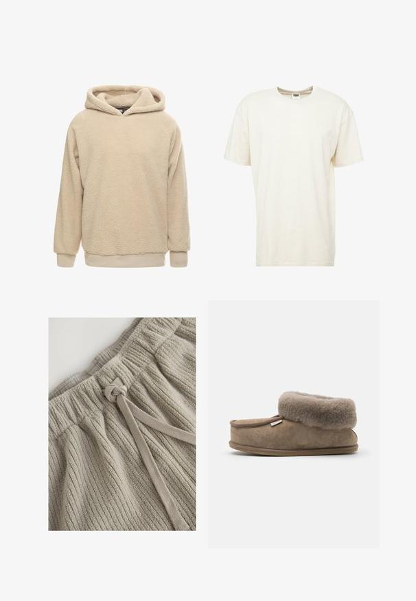 Beige Fleece-Hoodie mit strukturiertem Oberflächen, großem Kapuze und gerippten Bündchen und Saum. Bietet eine lockere Passform und lange Ärmel.; Kurzärmliges T-Shirt mit Rundhalsausschnitt in hellcreme Farbe. Hergestellt aus weichem Baumwollmaterial mit einer lockeren Passform und minimalen Nähten.; Kaki Baumwollshorts mit strukturiertem Rippenmuster. Verfügt über einen elastischen Bund und eine Stoffbindung zur Anpassung. Weiches, plüschiges Material.; Braune Wildlederschlappe mit einem weichen, plüschigen grauen Pelzaufschlag, abgerundeter Form, flacher Sohle und minimalistischer Gestaltung; beinhaltet ein kleines Logo-Detail.