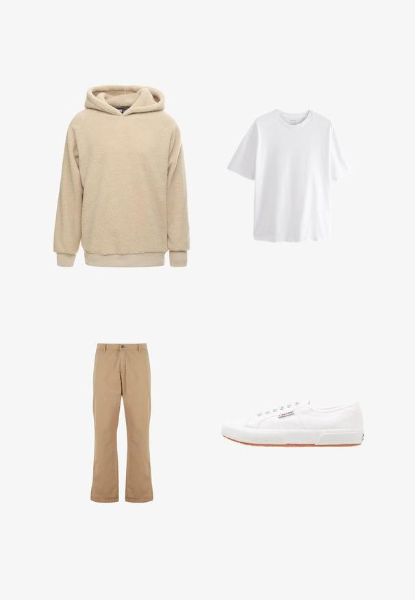 Beige Fleece-Hoodie mit strukturiertem Oberflächen, großem Kapuze und gerippten Bündchen und Saum. Bietet eine lockere Passform und lange Ärmel.; Schlichtes weißes T-Shirt mit kurzen Ärmeln und Rundhalsausschnitt in entspannter Passform vor weißem Hintergrund.; Beige Baumwollhosen mit geradem Schnitt, ausgestattet mit einem Knopfverschluss, Vordertaschen und einer glatten Textur.; Weiße Leinensneaker mit Gummisohle, Schnürdesign und einem kleinen Logolabel an der Seite. Strukturierte weiße Oberseite und braune Außensohle.