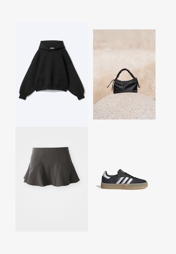 Sudadera negra con mangas largas abullonadas, bolsillo canguro y una etiqueta en el interior del escote sobre un fondo claro liso.; Falda negra acampanada con una cintura ajustada, que presenta costuras verticales y una textura suave. El dobladillo es ligeramente curvado y queda por encima del muslo.; Zapatilla deportiva de cuero negro con tres rayas plateadas, punta texturizada y suela de goma. Cuenta con un collar acolchado y un diseño con cordones.; Bolso negro fruncido con asa recogida, apoyado sobre una esfera de piedra texturizada frente a una pared de hormigón beige.