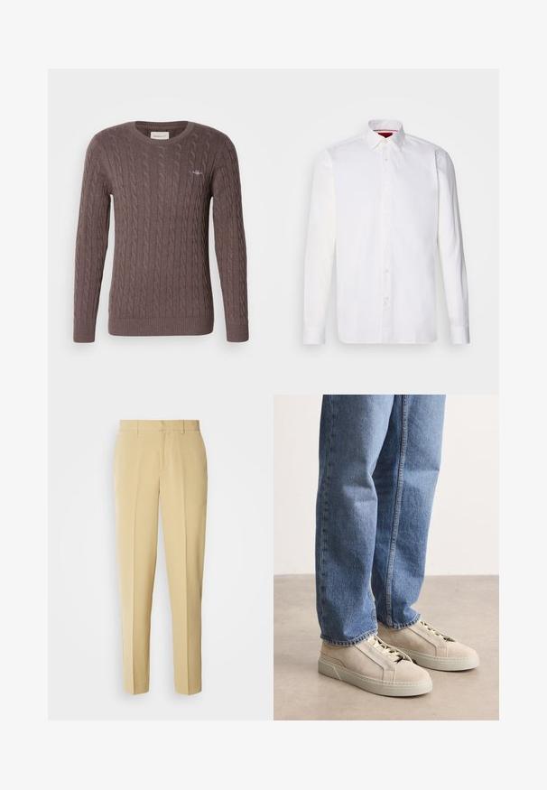 Pull en tricot brun avec un col rond, des manches longues et des poignets et un ourlet côtelés. Présente un petit logo brodé sur la poitrine.; Chemise blanche à manches longues en coton, avec un col classique, une patte de boutonnage à l'avant et une texture lisse. Détail rouge à l'intérieur du col.; Pantalons beige ajustés avec une coupe droite, devant plat et poches latérales. Fabriqués à partir d'un tissu lisse avec un léger éclat.; BOSS GARYTENN_SDHDEL - Baskets basses - natural ten