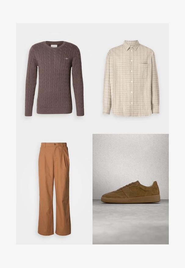 Bruine kabelgebreide trui met een ronde hals, lange mouwen en geribbelde manchetten en zoom. Bevat een klein geborduurd logo op de borst.; Knoopshirt in lichtbeige, met een geruit patroon, lange mouwen, een borstzak en een normaal kraagontwerp.; Wijde broekspijpen van een warmbruine stof, voorzien van een knoopsluiting aan de voorkant, subtiele plooien en een recht model voor een ontspannen pasvorm.; Bruine suède sneaker met beige veters en rubberen zool. Heeft een afgeronde neus en gestikte details op het bovenwerk. Lichtgewicht ontwerp.